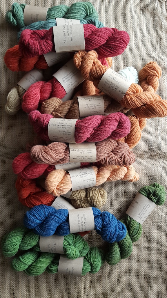 Dyed skeins of Southdown Yarn