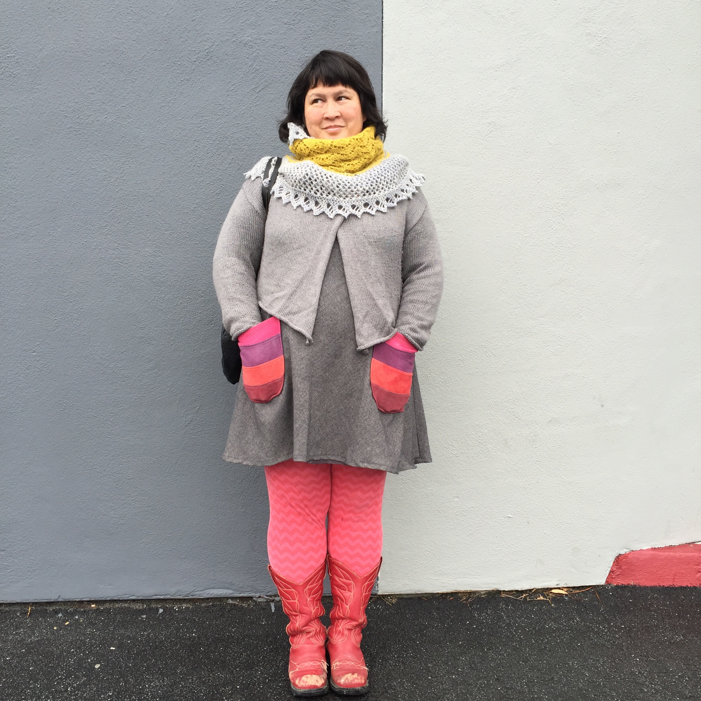Sonyaphilip: Color + Gray edition of #handmadewardrobechronicles Liz Christie shawl by @throughtheloops; cardigan (own design); #100actsofsewing Dress no. 1 in lined wool with naturally dyed wool pockets by @avfkw; leggings (own pattern); and Fluevog boots