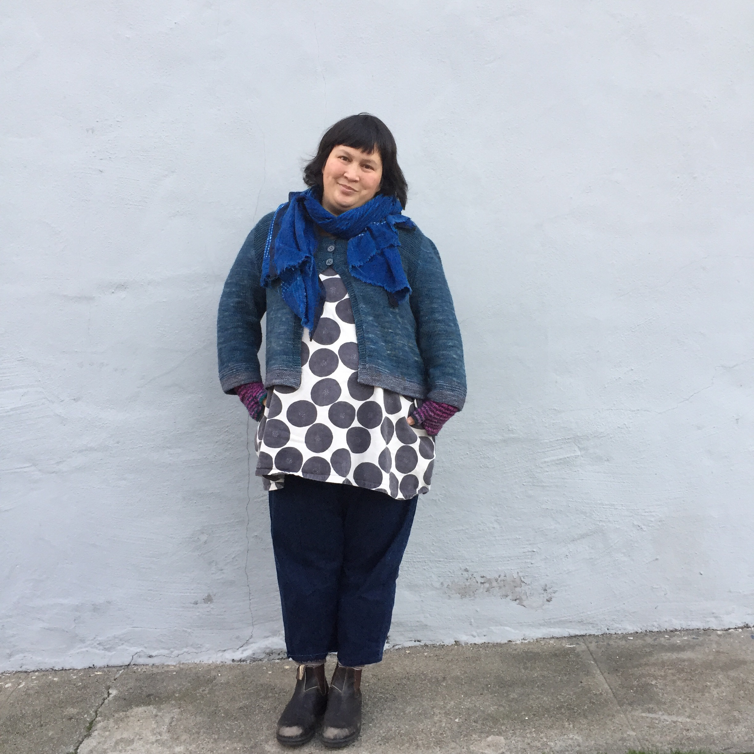 Sonya Philip: New Year's Day edition of #handmadewardrobechronicles wearing an indigo dyed scarf; Cria cardigan pattern by @ysolda; modified #100actsofsewing Dress no. 1; denim pants (own pattern); Blunstone boots